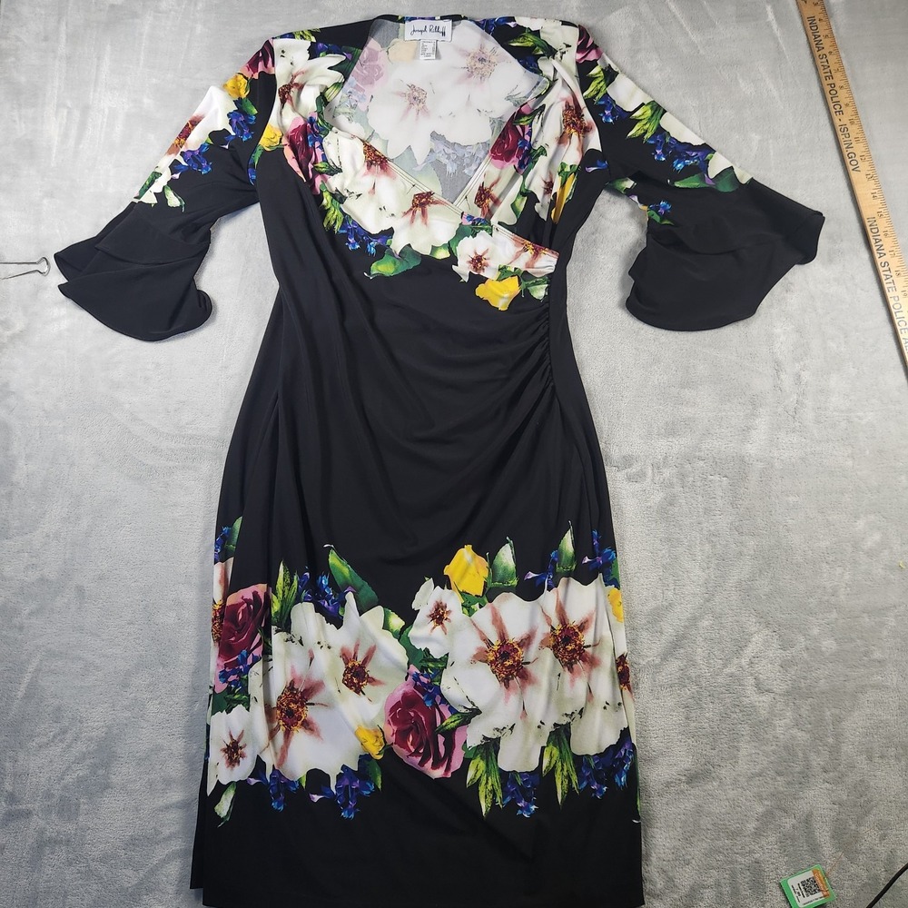 JOSEPH RIBKOFF Black Floral Ruched 3/4 Sleeve V-Neck Knee Length Dress Size 14